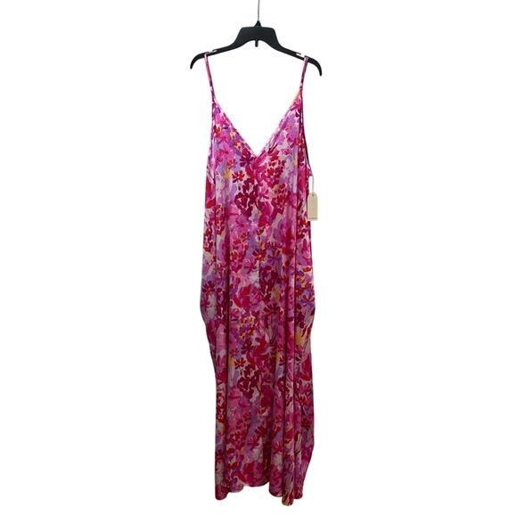 VAN WINKLE & CO. Hot Pink Floral Woven Satin V-Neck Sleeveless Maxi Chemise 3X - Picture 1 of 4